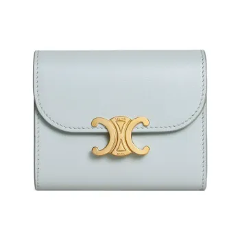 CELINE Triomphe Shiny Calfskin Card Holder Wallet Small Size Women's Soft Blue