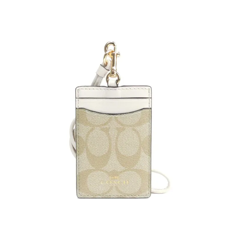 COACH Lanyard Artificial Leather Card Sleeve Card Holder Mini Women's Khaki White-2