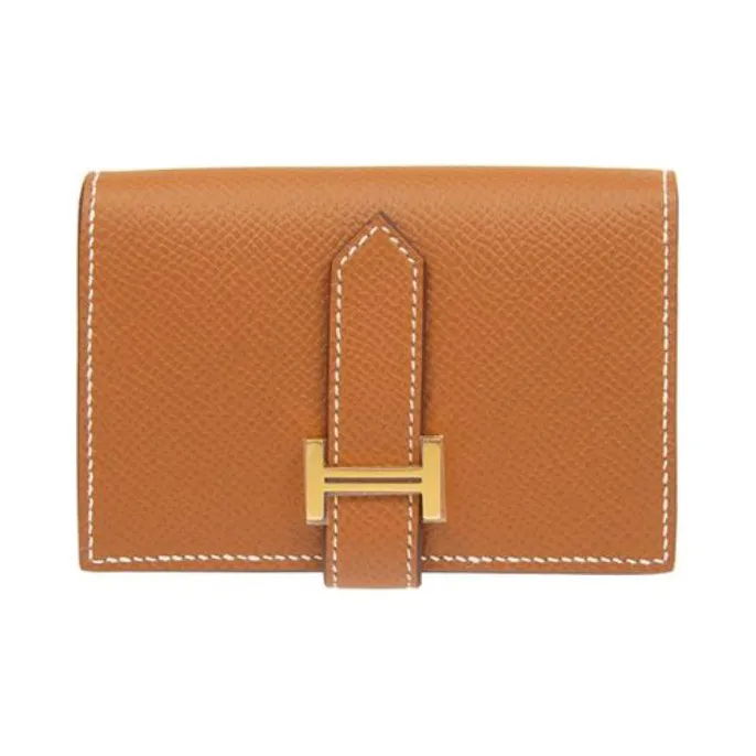 HERMES Bearn Epsom Calfskin Card Holders Coin Purses Wallets Regular Women's Gold Brown-1