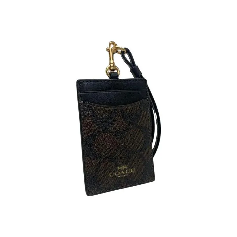 COACH Lanyard Coated Canvas Leather Card Holder Women's Black Brown-3
