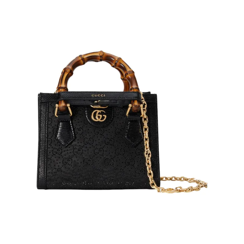 GUCCI Diana Lizard Skin Tote Bag Shopping Bag Shoulder Bag Crossbody Bag Handbag Mini Women's Black-0
