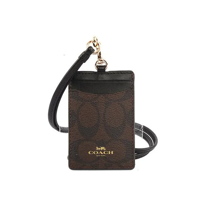 COACH Lanyard Coated Canvas Leather Card Holder Women's Black Brown-2