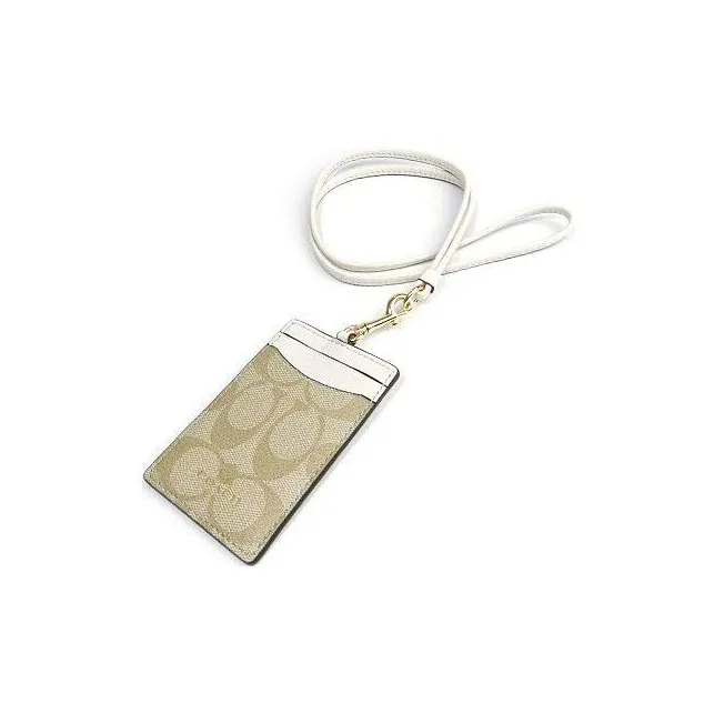COACH Lanyard Artificial Leather Card Sleeve Card Holder Mini Women's Khaki White-3