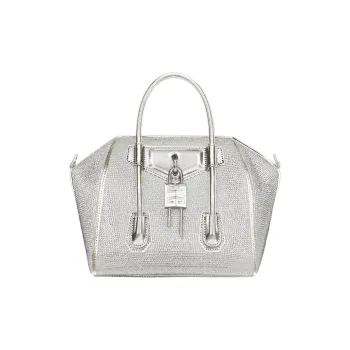 GIVENCHY Antigona Lock Satin Calfskin Rhinestone Shoulder Bag Crossbody Bag Handbag Mini Women's Silver Gray