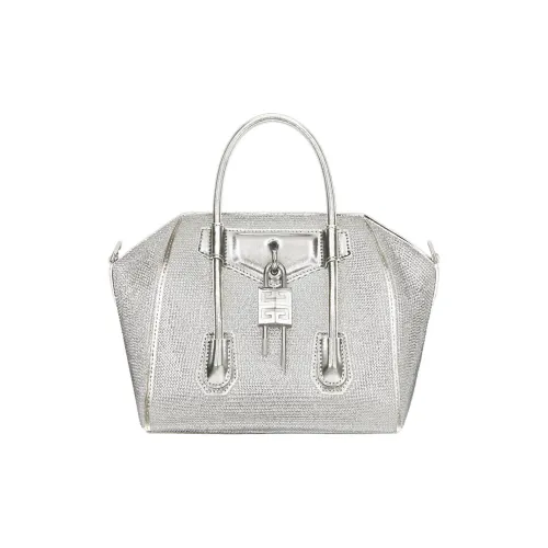 GIVENCHY Antigona Lock Satin Calfskin Rhinestone Shoulder Bag Crossbody Bag Handbag Mini Women's Silver Gray