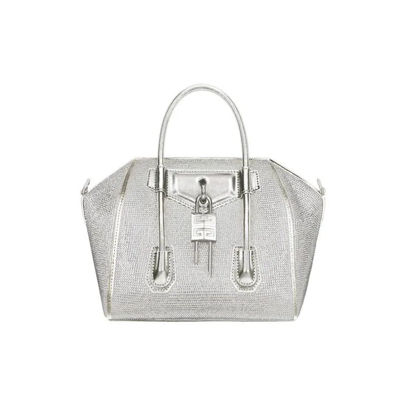 Givenchy Antigona Lock Satin Calfskin Rhinestone Shoulder Bag Crossbody Bag Handbag Mini Women's Silver Gray-0