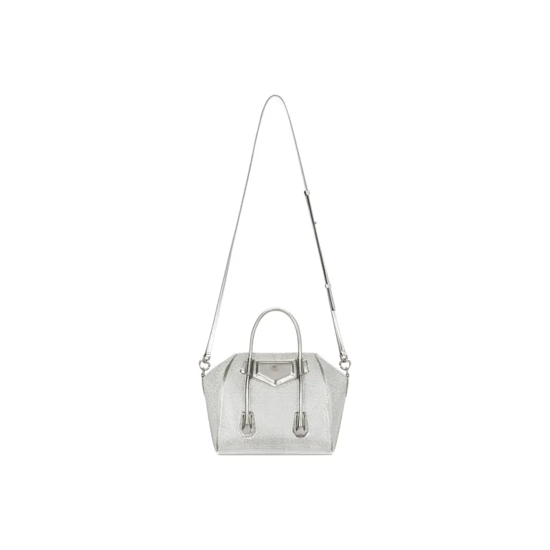 Givenchy Antigona Lock Satin Calfskin Rhinestone Shoulder Bag Crossbody Bag Handbag Mini Women's Silver Gray-2
