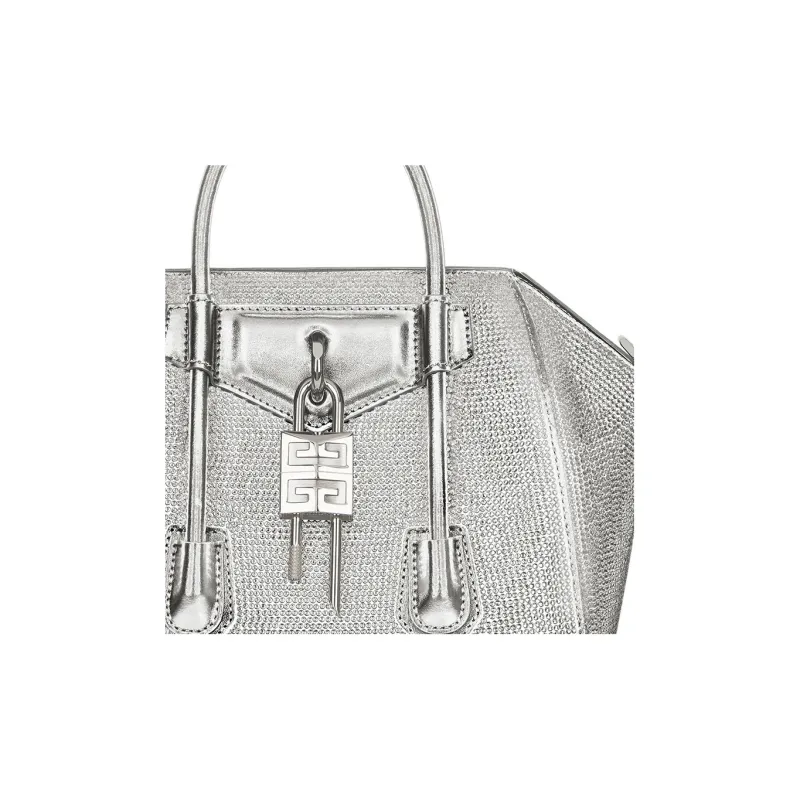 Givenchy Antigona Lock Satin Calfskin Rhinestone Shoulder Bag Crossbody Bag Handbag Mini Women's Silver Gray-3
