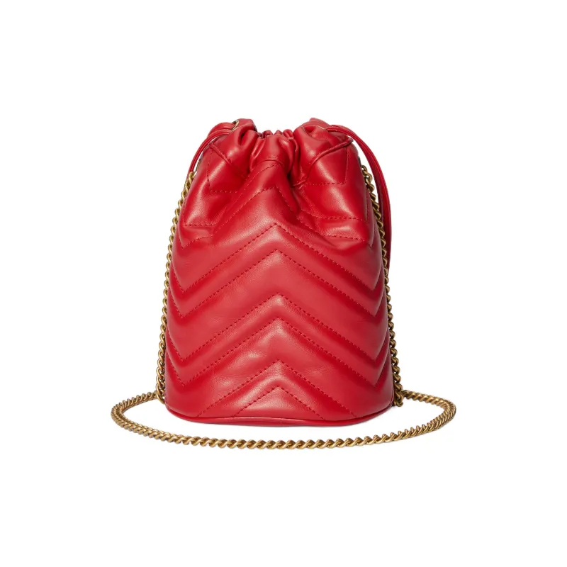 GUCCI GG Marmont Leather Bucket Bag, Shoulder Bag, Crossbody Bag Mini Women's Red-3