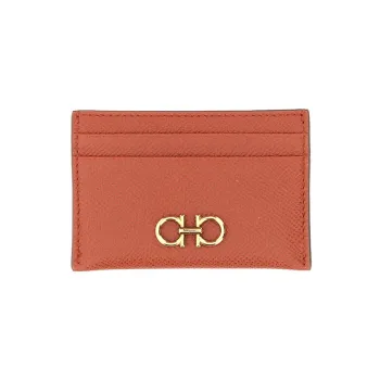 FERRAGAMO GANCINI Stamped Calfskin Card Holder Women's Orange Red