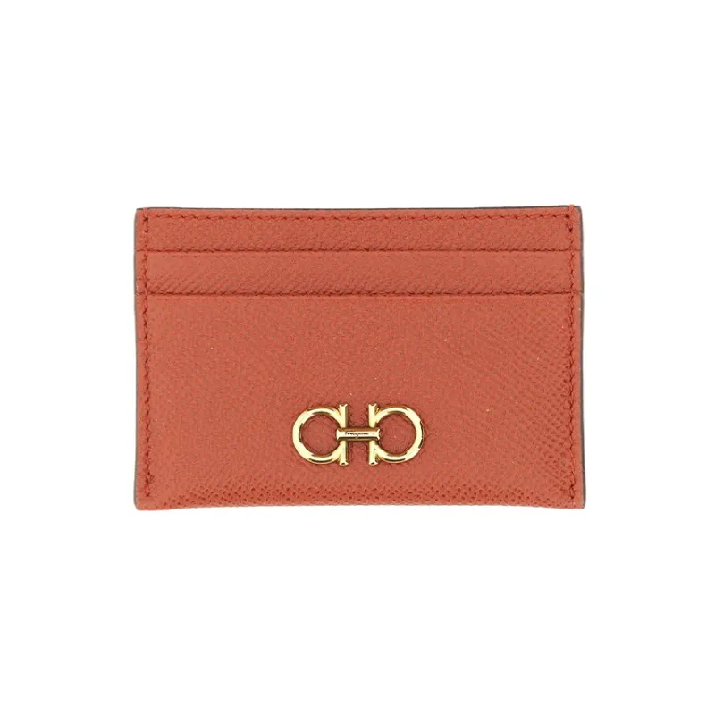 FERRAGAMO GANCINI Stamped Calfskin Card Holder Women's Orange Red-0