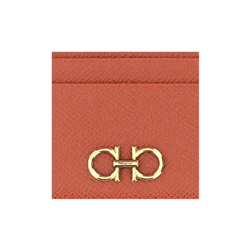 FERRAGAMO GANCINI Stamped Calfskin Card Holder Women's Orange Red-4