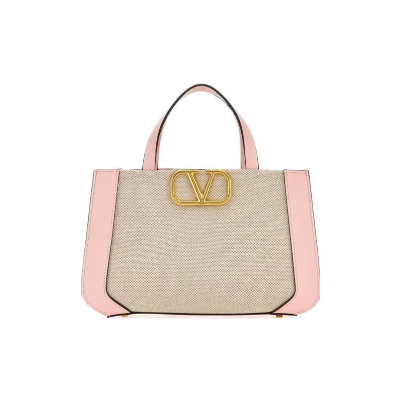 Valentino Canvas With Leather Canvas Bag, Handbag, Shoulder Bag Women's Beige & Rose Pink-0