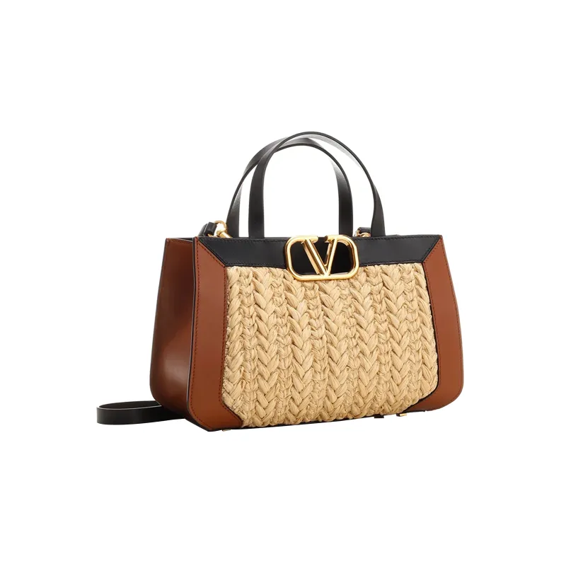 Valentino Straw With Calfskin Shoulder Bag Crossbody Bag Handbag Women's Light Brown-1
