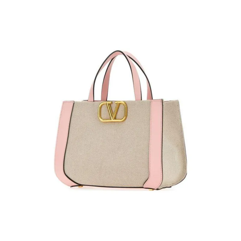 Valentino Canvas With Leather Canvas Bag, Handbag, Shoulder Bag Women's Beige & Rose Pink-2