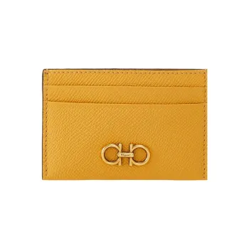 FERRAGAMO GANCINI Hammered Calfskin Card Holder Women's Yellow