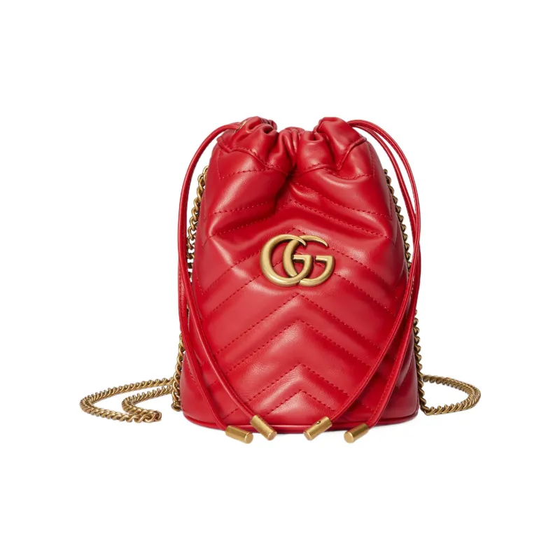GUCCI GG Marmont Leather Bucket Bag, Shoulder Bag, Crossbody Bag Mini Women's Red-0