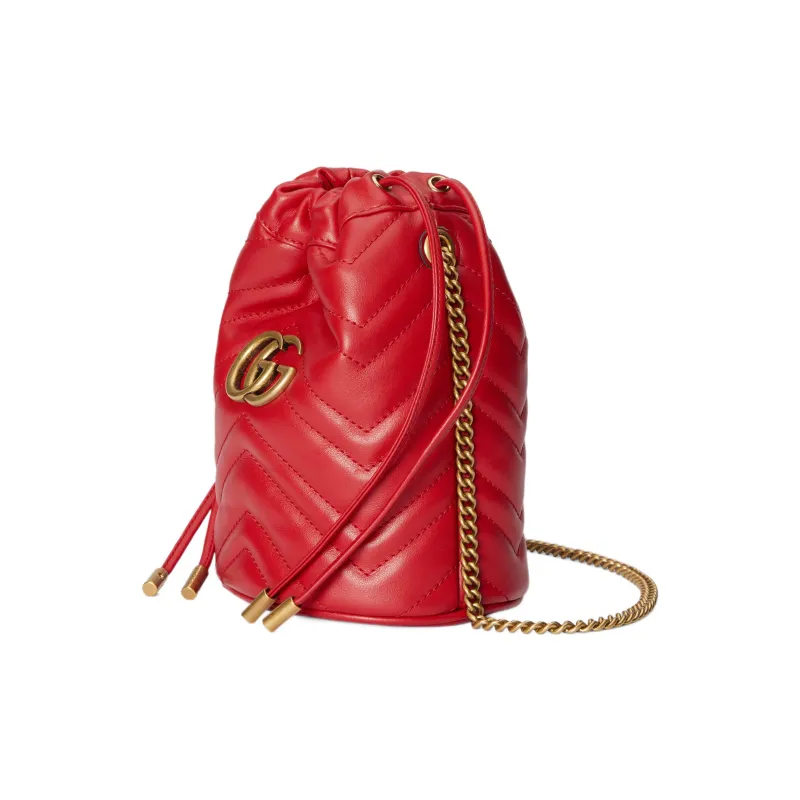 GUCCI GG Marmont Leather Bucket Bag, Shoulder Bag, Crossbody Bag Mini Women's Red-1