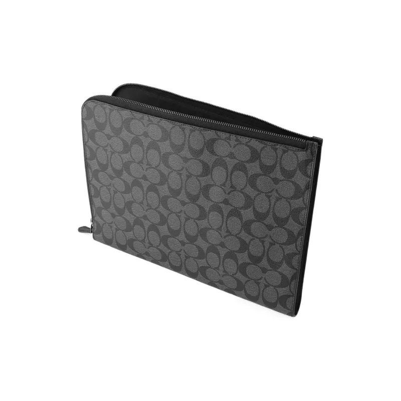 COACH L Zip Canvas With Cow Leather Laptop Bag Briefcase Zipper Document Folder Clutch Men's Charcoal Black Monogram-3