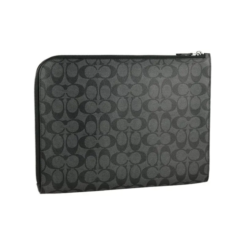 COACH L Zip Canvas With Cow Leather Laptop Bag Briefcase Zipper Document Folder Clutch Men's Charcoal Black Monogram-1