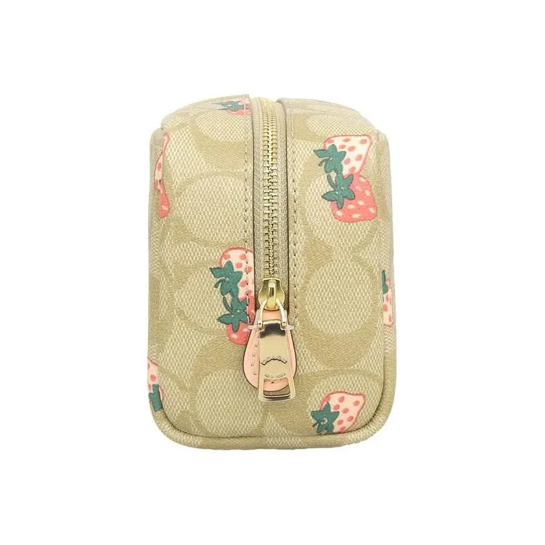 COACH Boxy Coated Canvas With Leather Toiletry Bag Clutch Square Bag Makeup Bag Small Size Women's Khaki-3