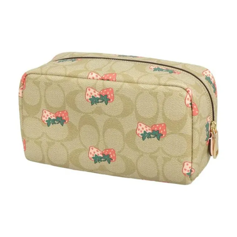 COACH Boxy Coated Canvas With Leather Toiletry Bag Clutch Square Bag Makeup Bag Small Size Women's Khaki-2