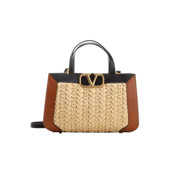 Valentino Straw With Calfskin Shoulder Bag Crossbody Bag Handbag Women's Light Brown