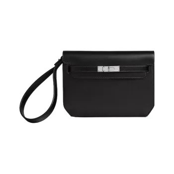 HERMES Kelly Depeches Box Tadelakt Leather Clutch Regular Unisex Black