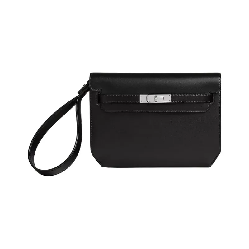 HERMES Kelly Depeches Box Tadelakt Leather Clutch Regular Unisex Black-0