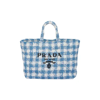 PRADA Raffia Fiber Tote Bag Shopping Bag Handbag Large Size Women's Light Blue/White