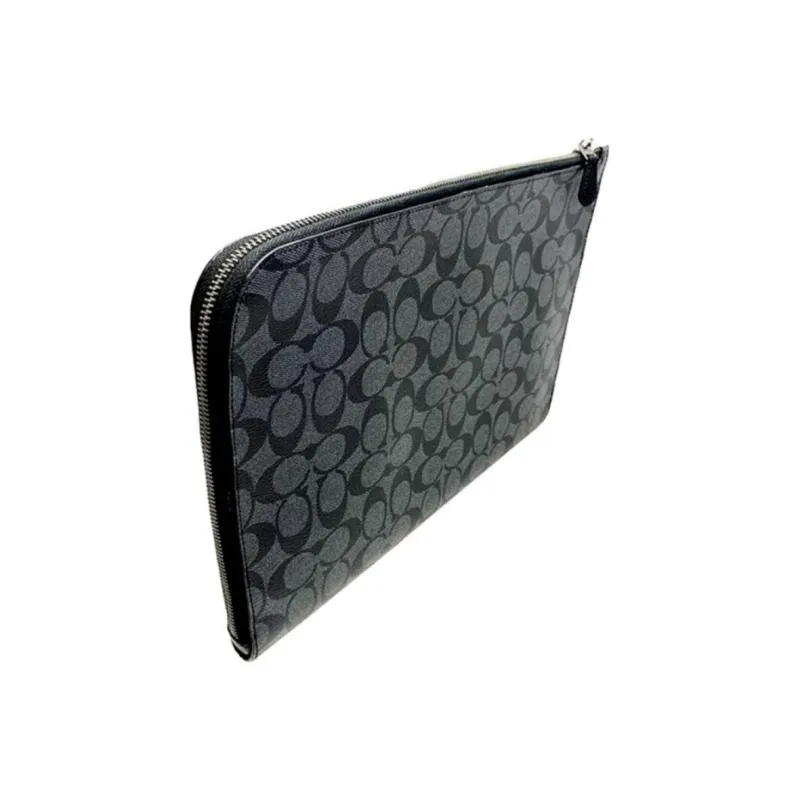 COACH L Zip Canvas With Cow Leather Laptop Bag Briefcase Zipper Document Folder Clutch Men's Charcoal Black Monogram-2