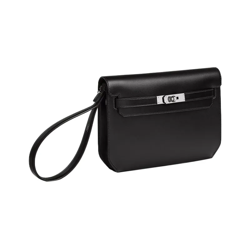 HERMES Kelly Depeches Box Tadelakt Leather Clutch Regular Unisex Black-1