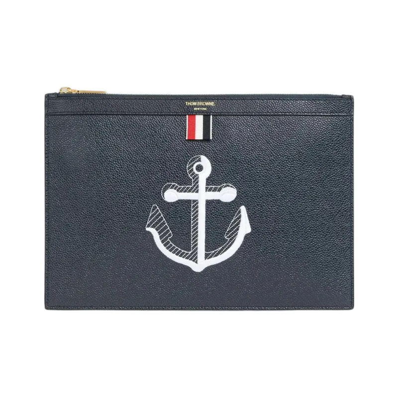 THOM BROWNE· Pebble Pattern Cow Leather Clutch Men's Navy Blue-0