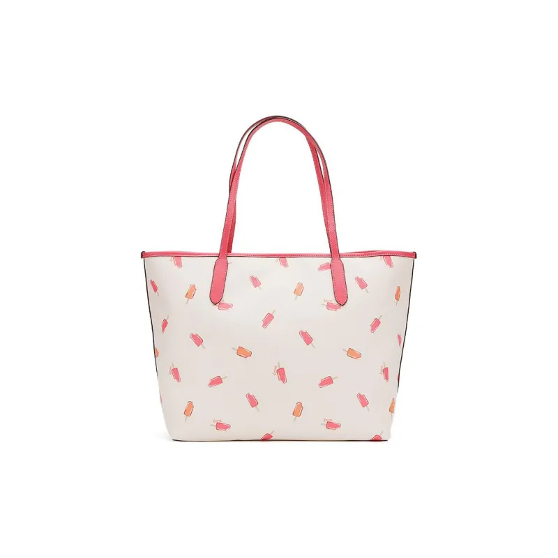 COACH City Canvas With Leather Tote Bag Shopping Bag Handbag Shoulder Bag Women's White & Cherry Blossom Pink-3