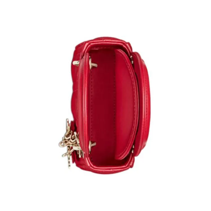 DIOR Sheepskin Lady Dior Bag, One Shoulder Handbag Small Size Women's Raspberry Red-3