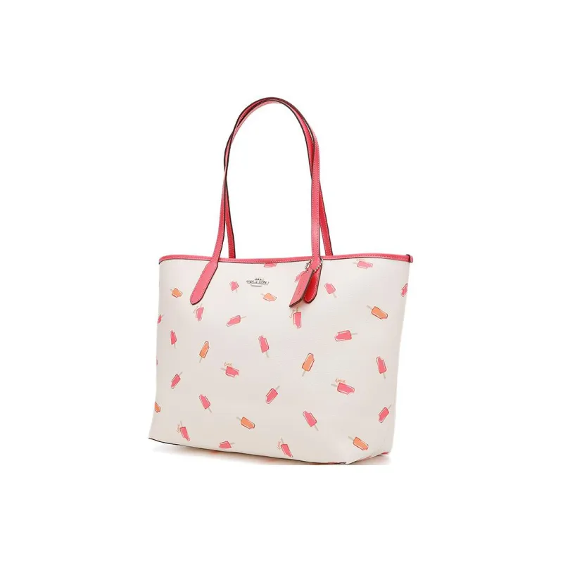 COACH City Canvas With Leather Tote Bag Shopping Bag Handbag Shoulder Bag Women's White & Cherry Blossom Pink-1