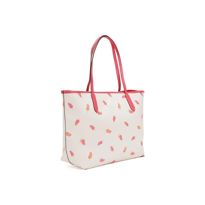 COACH City Canvas With Leather Tote Bag Shopping Bag Handbag Shoulder Bag Women's White & Cherry Blossom Pink-2