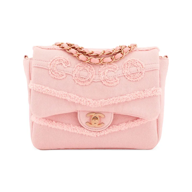 CHANEL Denim Mini Square Flap Bag, Flap Bag, Chain Bag, Shoulder Bag, Crossbody Bag Women's Pink-0