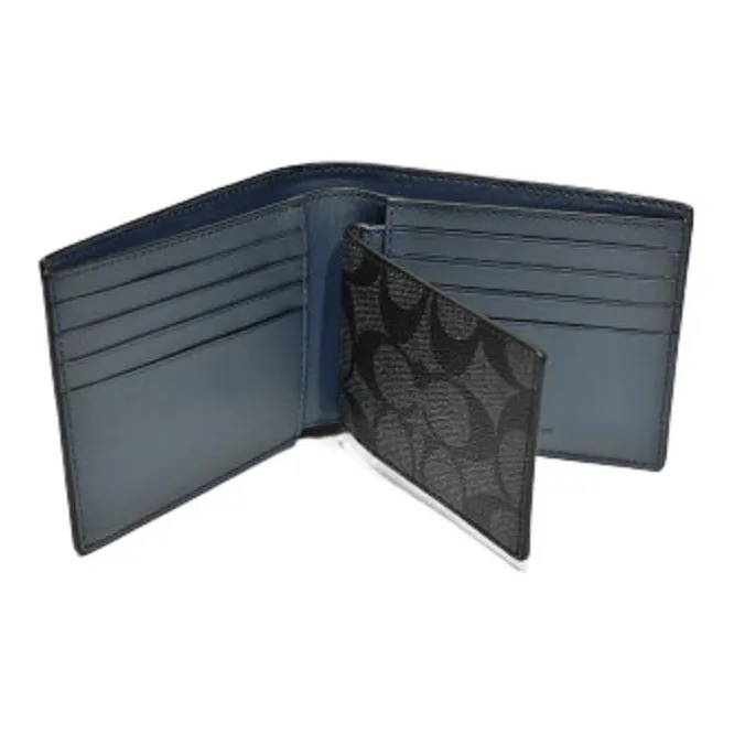 COACH 3 IN 1 Wallet Canvas With Calfskin Card Holder, Wallet Mini Men's Black & Denim Blue-1