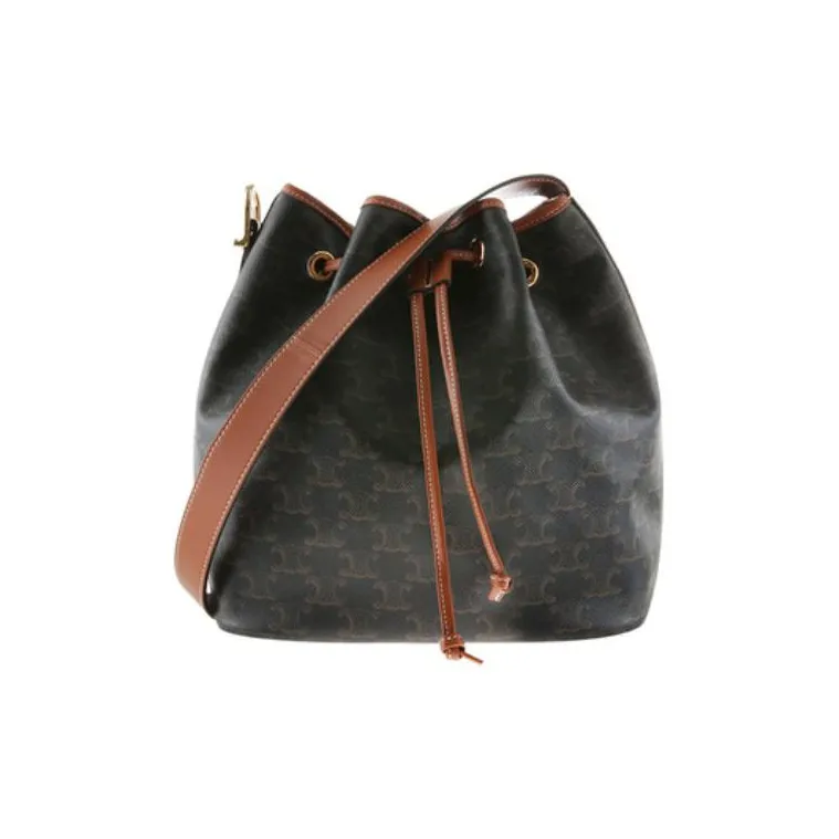 CELINE Triomphe Canvas With Calfskin Bucket Bag Handbag Shoulder Bag Crossbody Bag Large Size Women's Tawny-2