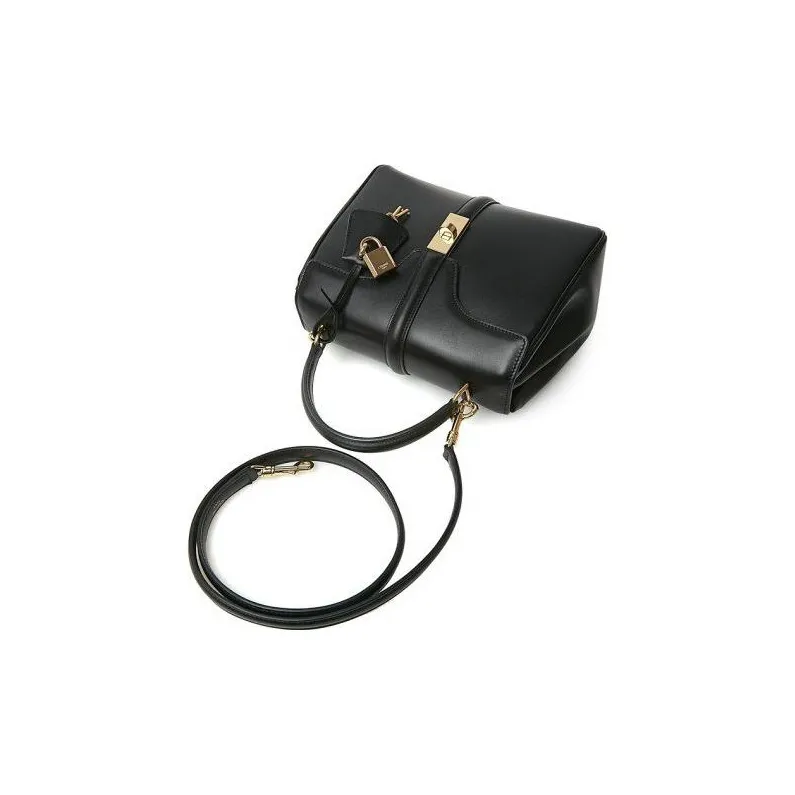 CELINE 16 Satin Cow Leather Handbag, Shoulder Bag Trumpets Women's Black-2