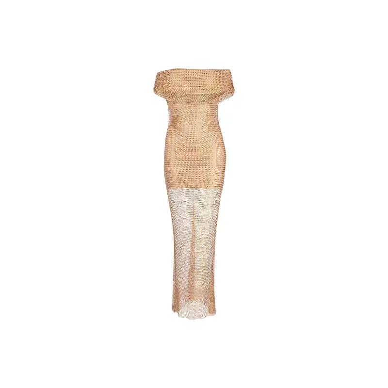 Self portrait Embellished Off Shoulder Fishnet Maxi Dress-2