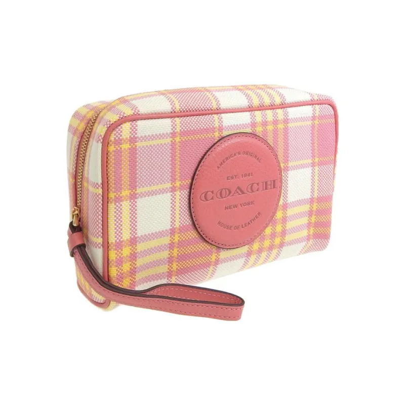 COACH Dempsey Jacquard With Pebbled Leather Clutch Makeup Bag Mini Women's Pink/White/Yellow-1