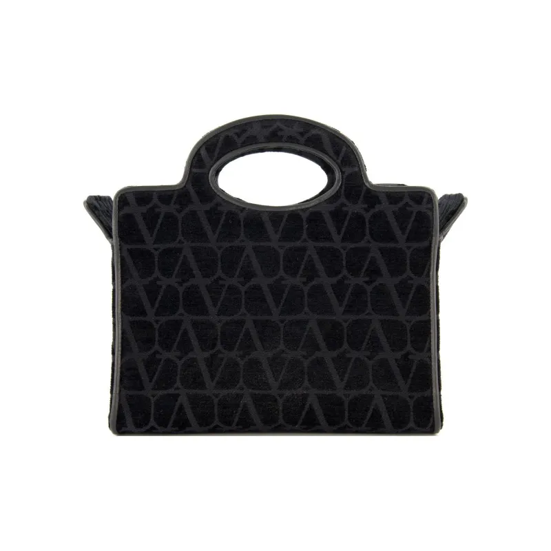 Valentino Sheepskin With Fabric Tote Shoulder Bag, Handbag Mini Women's Black-4