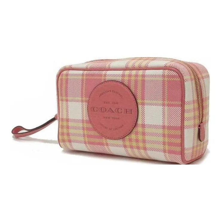 COACH Dempsey Jacquard With Pebbled Leather Clutch Makeup Bag Mini Women's Pink/White/Yellow-2