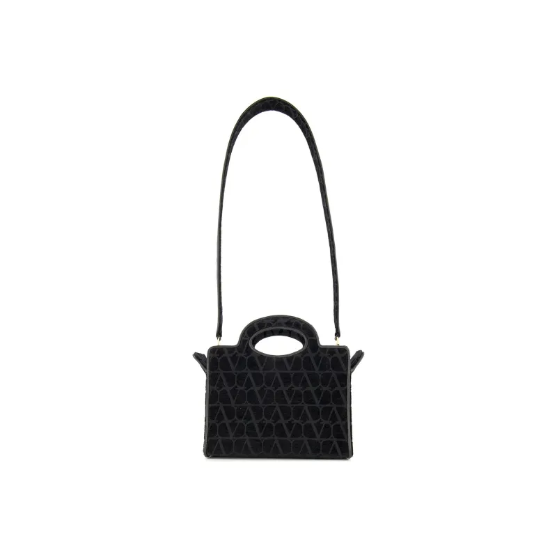 Valentino Sheepskin With Fabric Tote Shoulder Bag, Handbag Mini Women's Black-2
