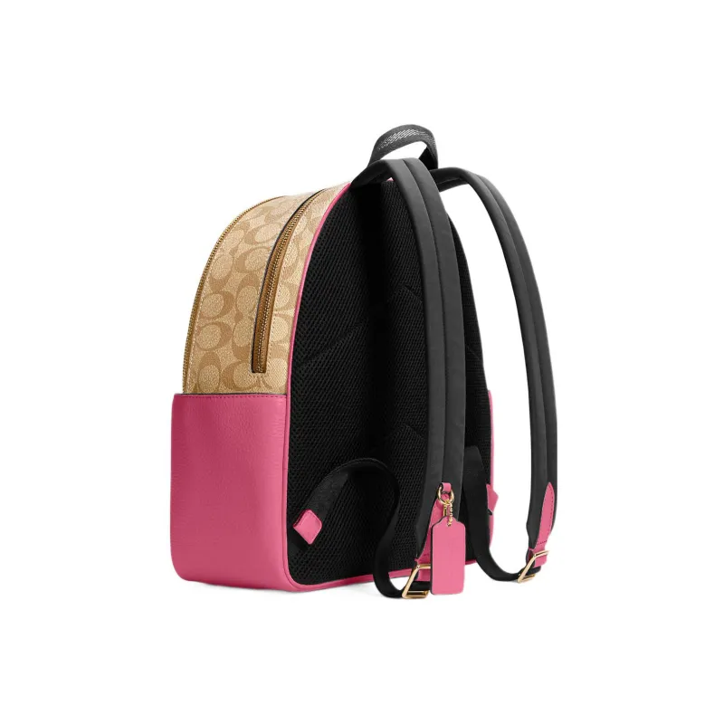 COACH Court Canvas With Leather Backpack Medium Size Women's Khaki & Pink-1