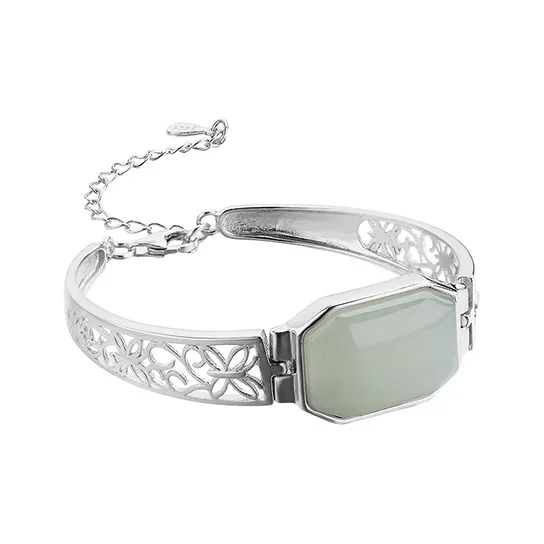 Xiaoyinjiang S925 Silver Hetian Jade Bracelet Hand Accessory Women's Pale Greenish White Jade-2