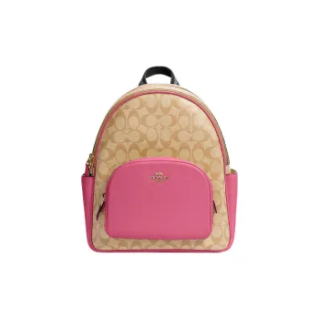 COACH Court Canvas With Leather Backpack Medium Size Women's Khaki & Pink