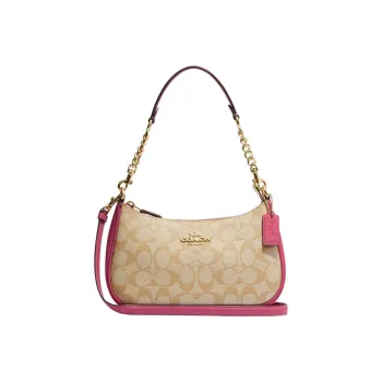 COACH Teri Canvas With Leather Shoulder Bag, Saddle Bag, Crossbody Bag Medium Size Women's Brown & Pink